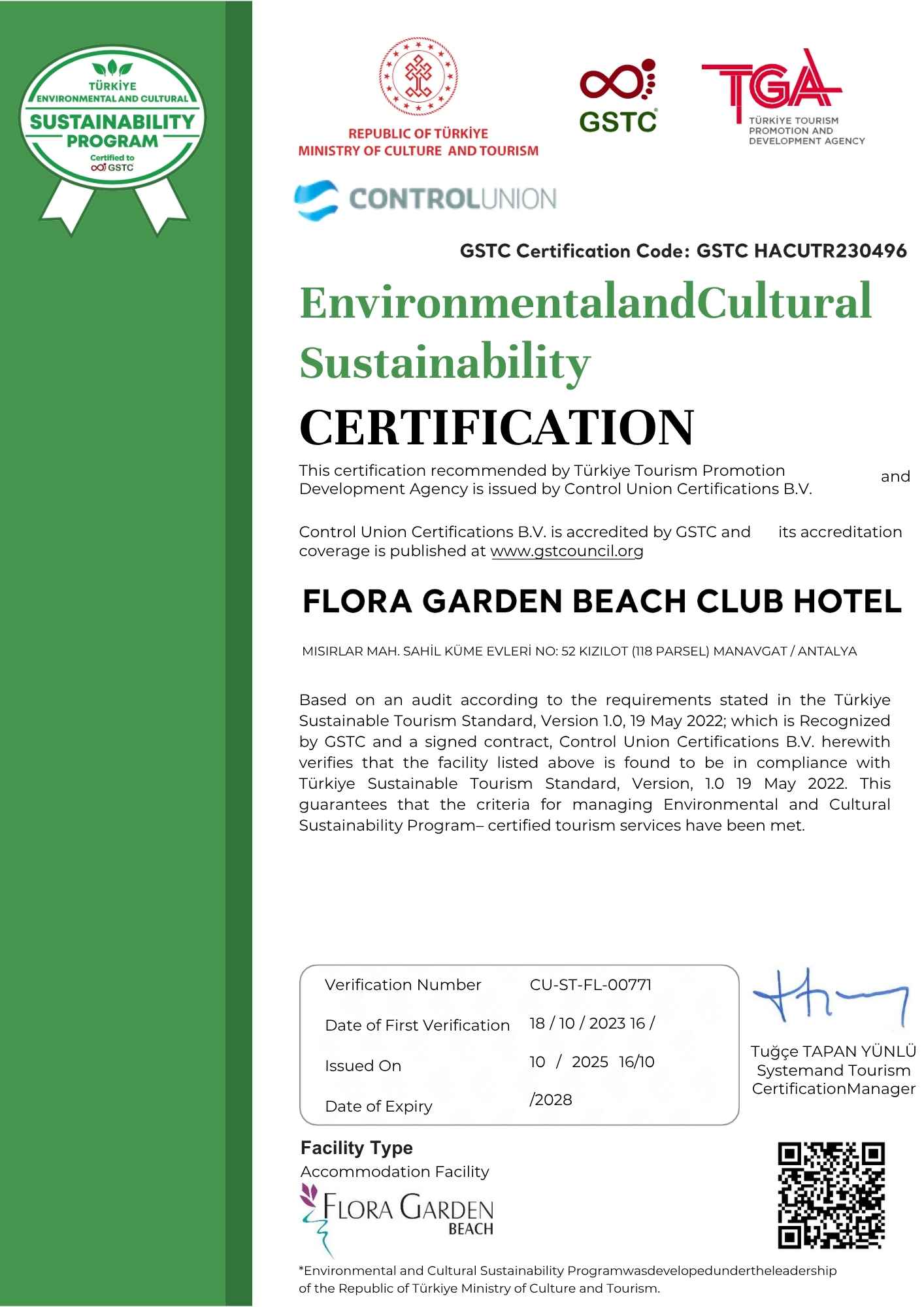 Environmental and Cultural Sustainability Certification for Flora Garden Beach Club Hotel